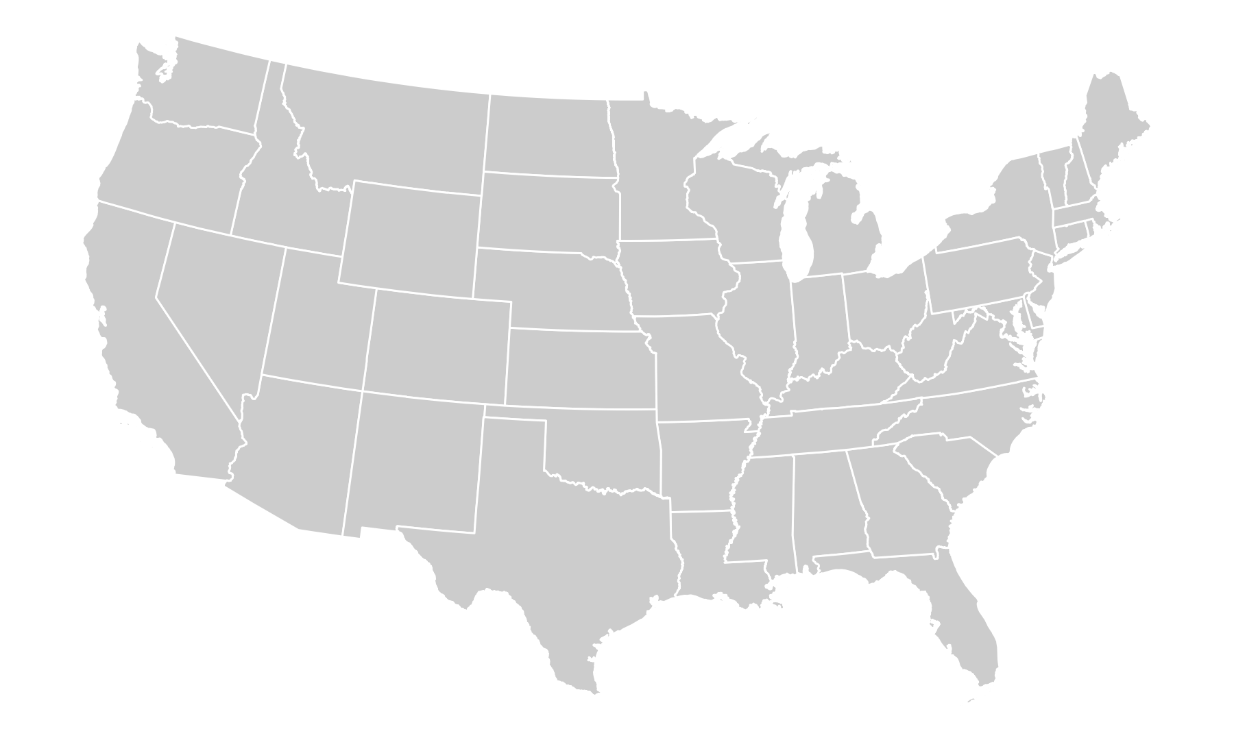 The same lower-48 state outlines in an equal-area Albers projection, with a more curved northern edge.