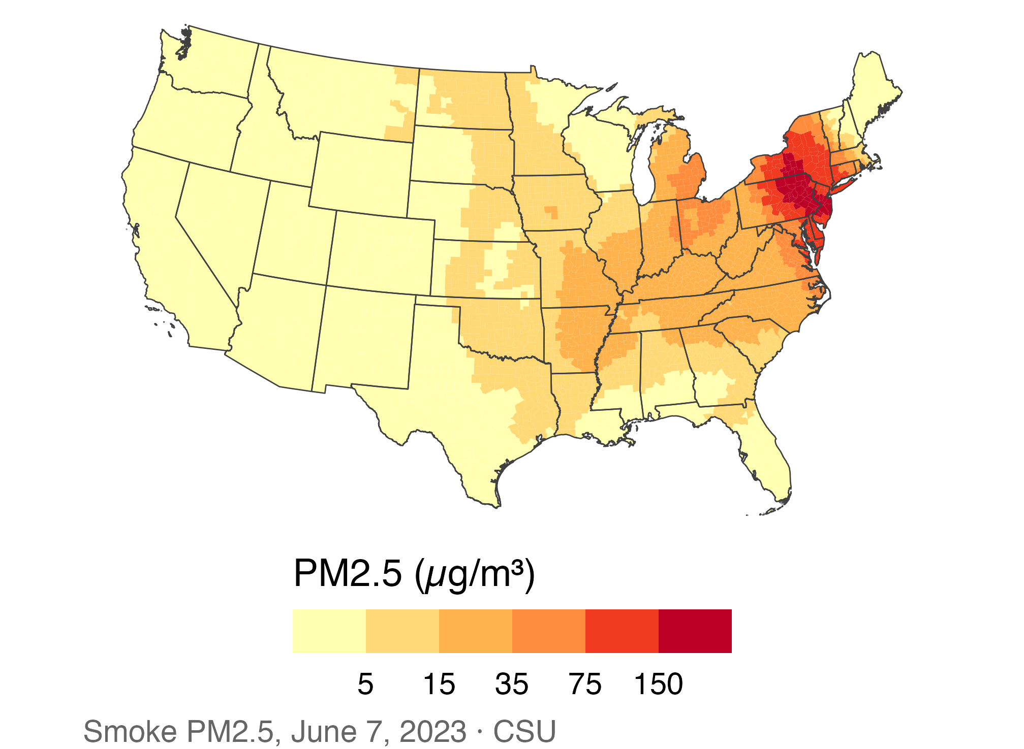 June 7 county smoke PM2.5 in bins at 5, 15, 35, 75, and 150 micrograms per cubic meter; the highest bins cluster in the Northeast.