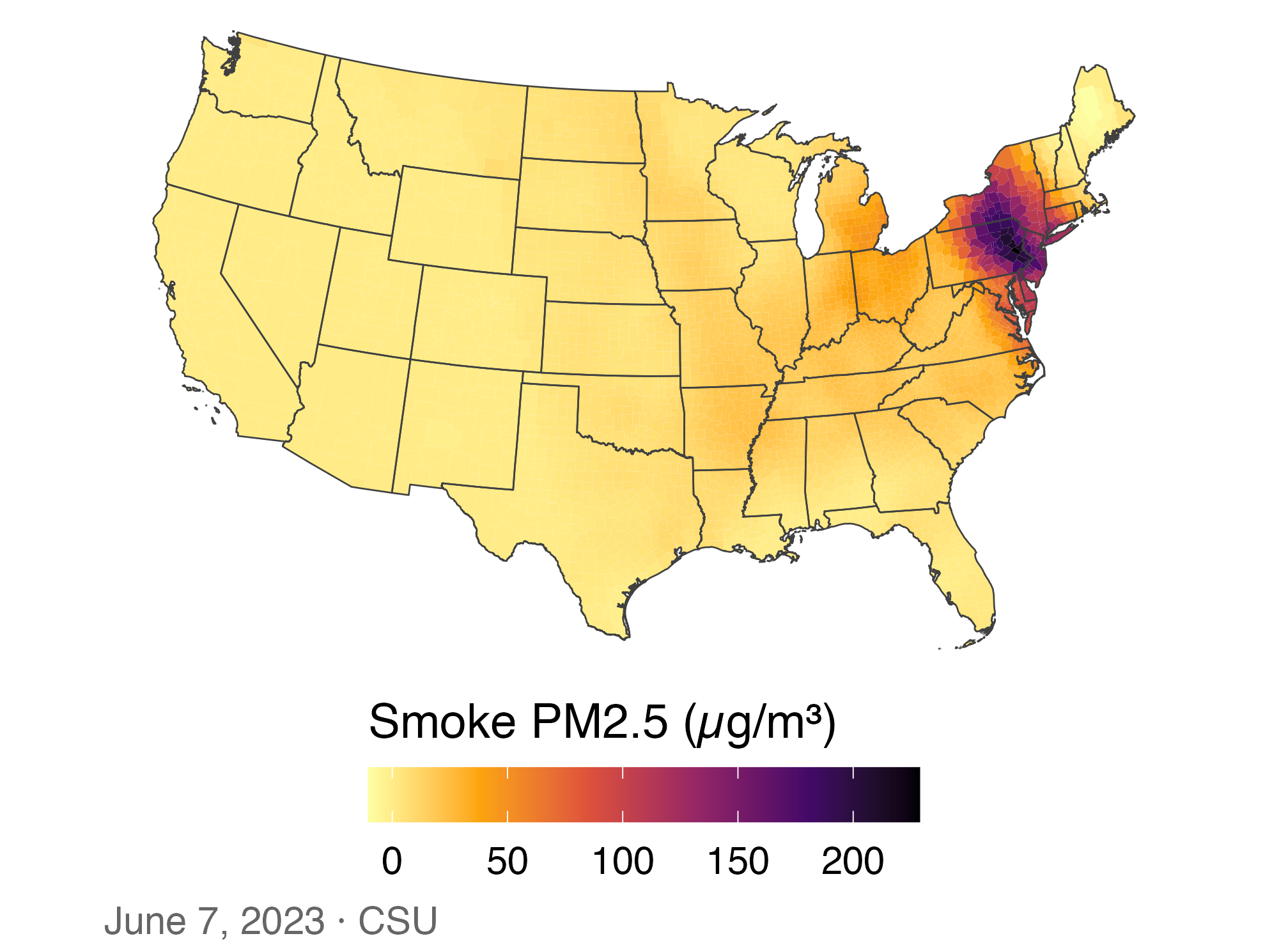 June 7 county smoke PM2.5 on a continuous scale; the darkest counties cluster around Pennsylvania and New Jersey while most of the West is pale.