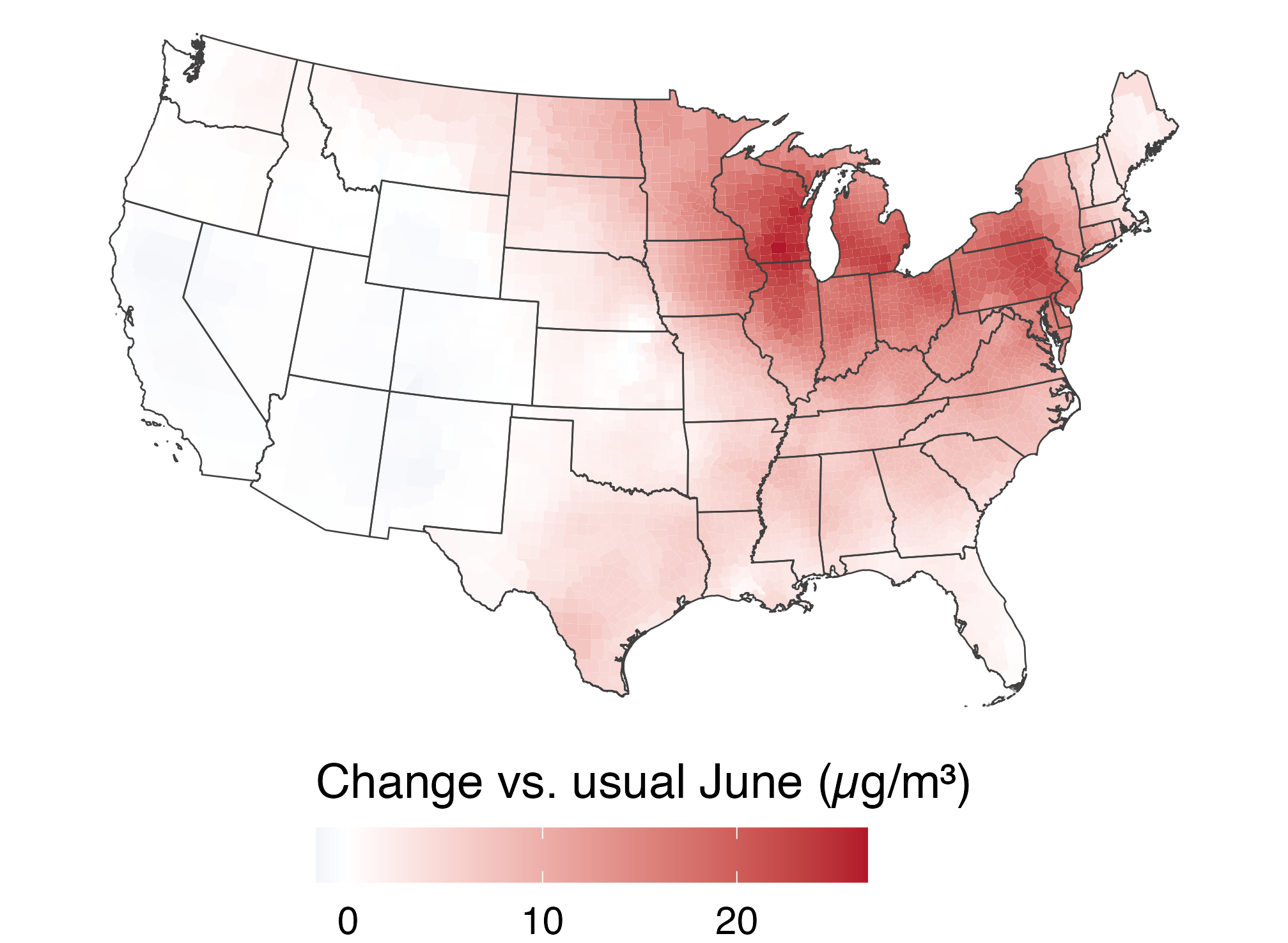 Difference between June 2023 smoke and a usual June; red increases cover much of the Midwest and East, while the West is near zero.