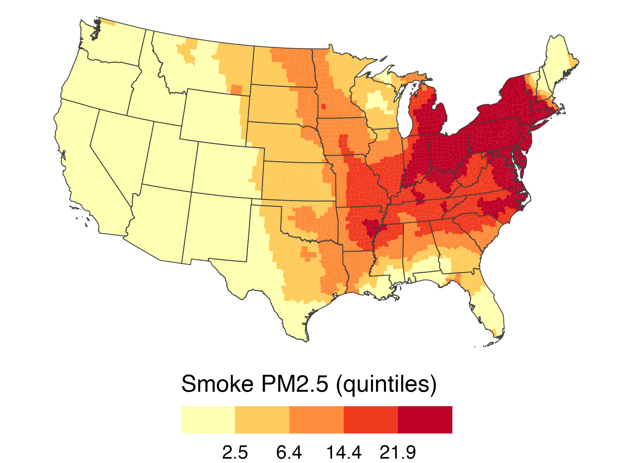The same June 7 county smoke mapped by quintiles; colors are spread more evenly across counties than on the fixed-break map.