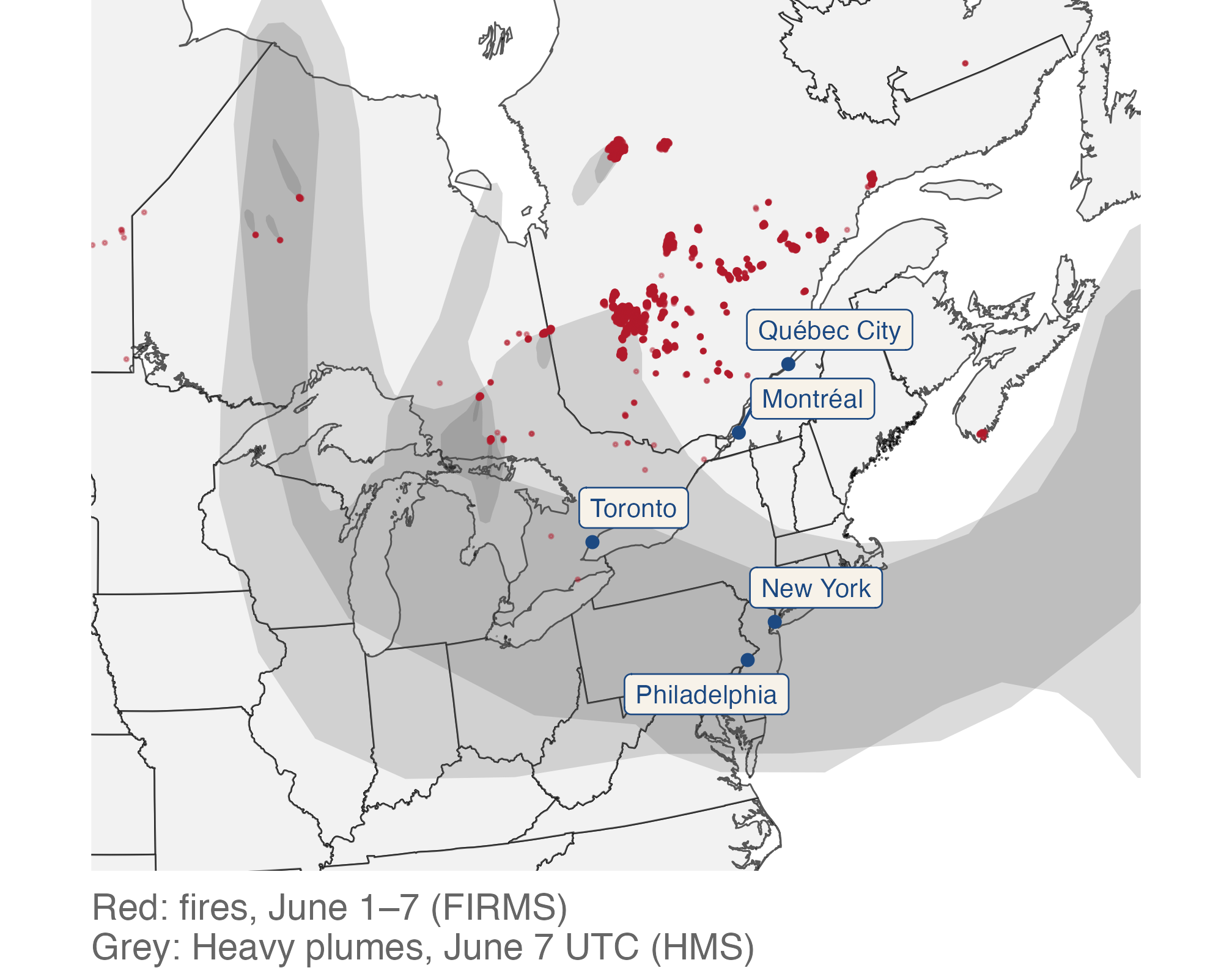 Fire detections cluster in Quebec; translucent Heavy plumes extend south over labeled cities from Toronto to Philadelphia.