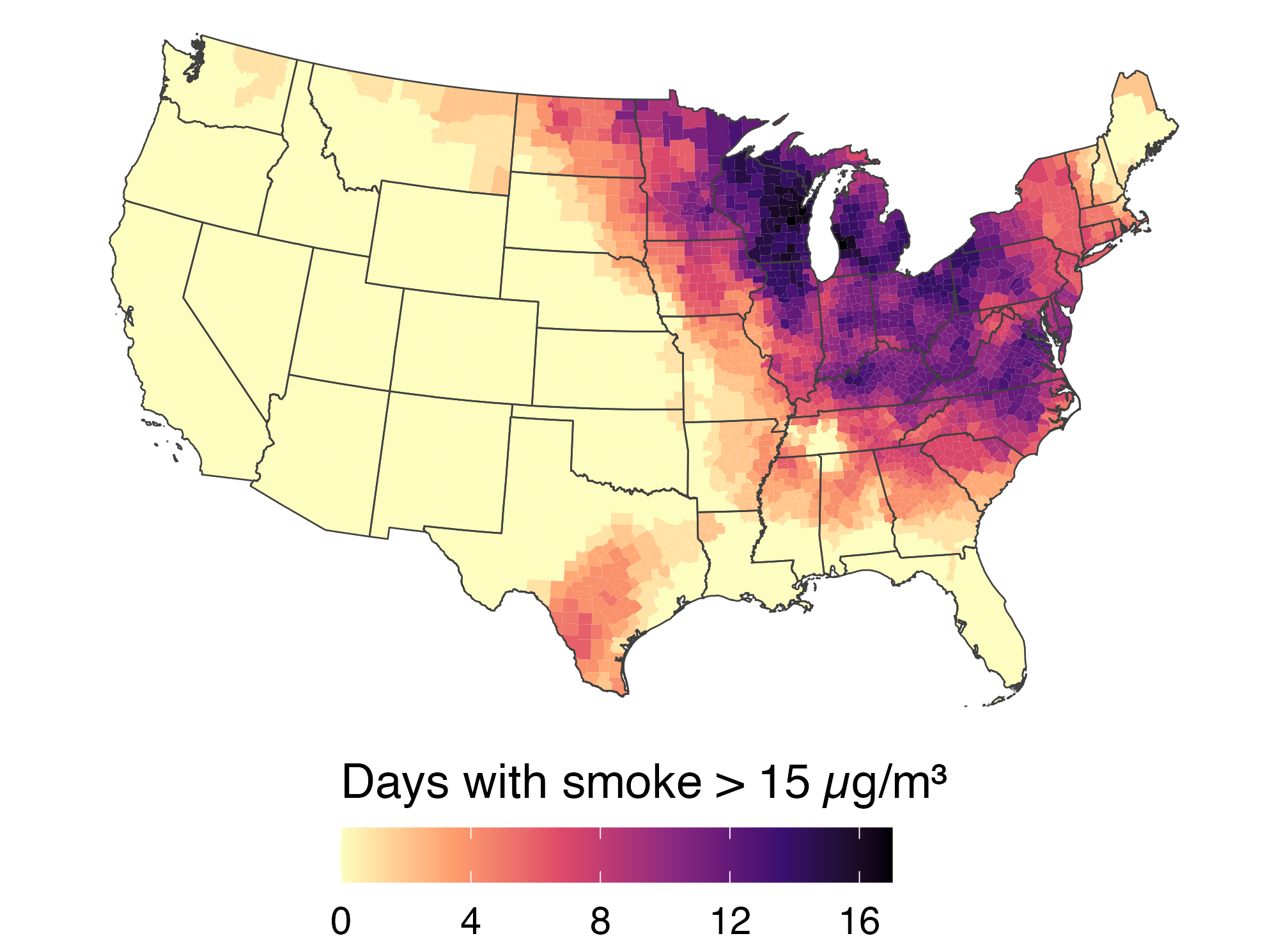 Number of June 2023 days with county smoke above 15 micrograms per cubic meter; the Midwest and East have the most days.