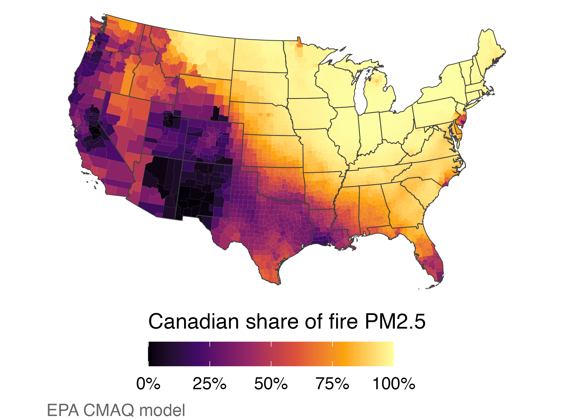 Modeled Canadian share of fire PM2.5 is high across the northern Midwest and Northeast and lower across much of the West and South.