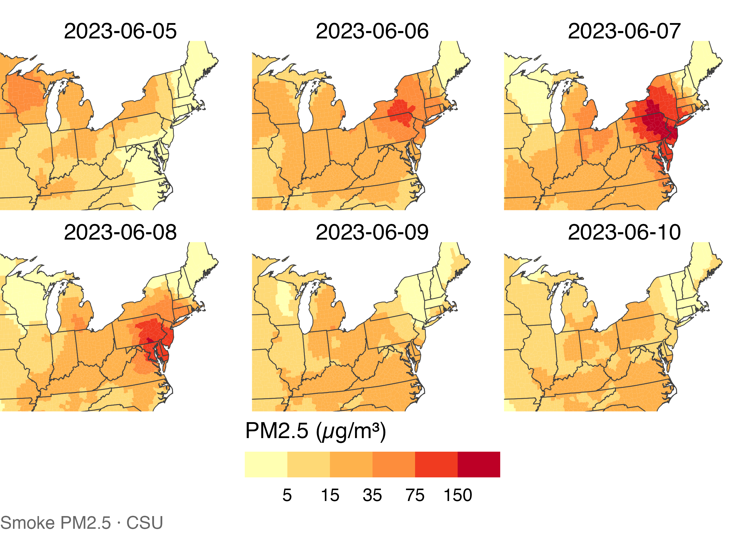 Six maps from June 5 through 10 share one smoke scale; the darkest area moves from New York and Pennsylvania toward the Mid-Atlantic.
