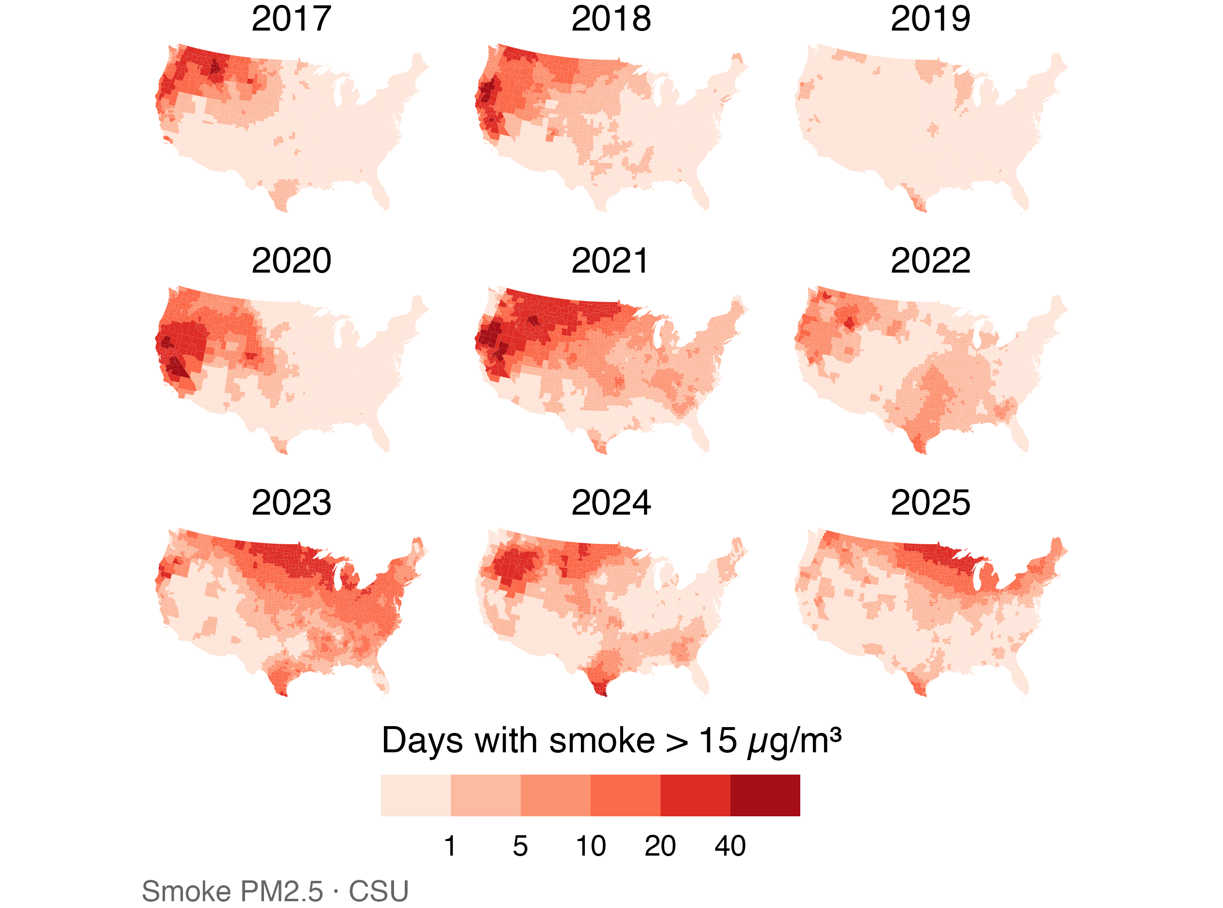 Nine annual maps for 2017 through 2025 share one scale for days above 15; smoke is prominent in the West in 2020 and 2021 and the East in 2023.