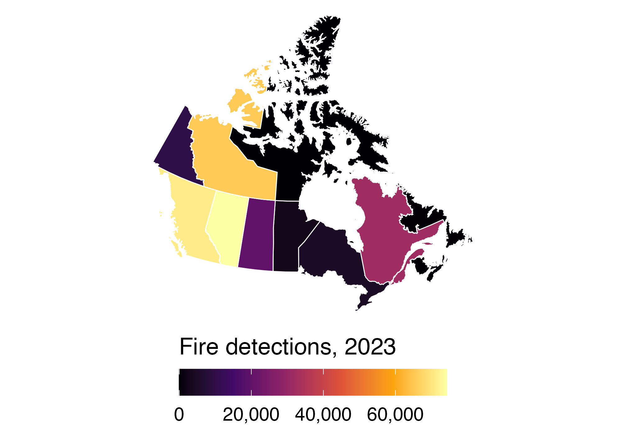 Canadian provinces colored by 2023 fire-detection counts; Alberta has the most, followed by British Columbia and the Northwest Territories, while Nunavut is near the low end of the scale.