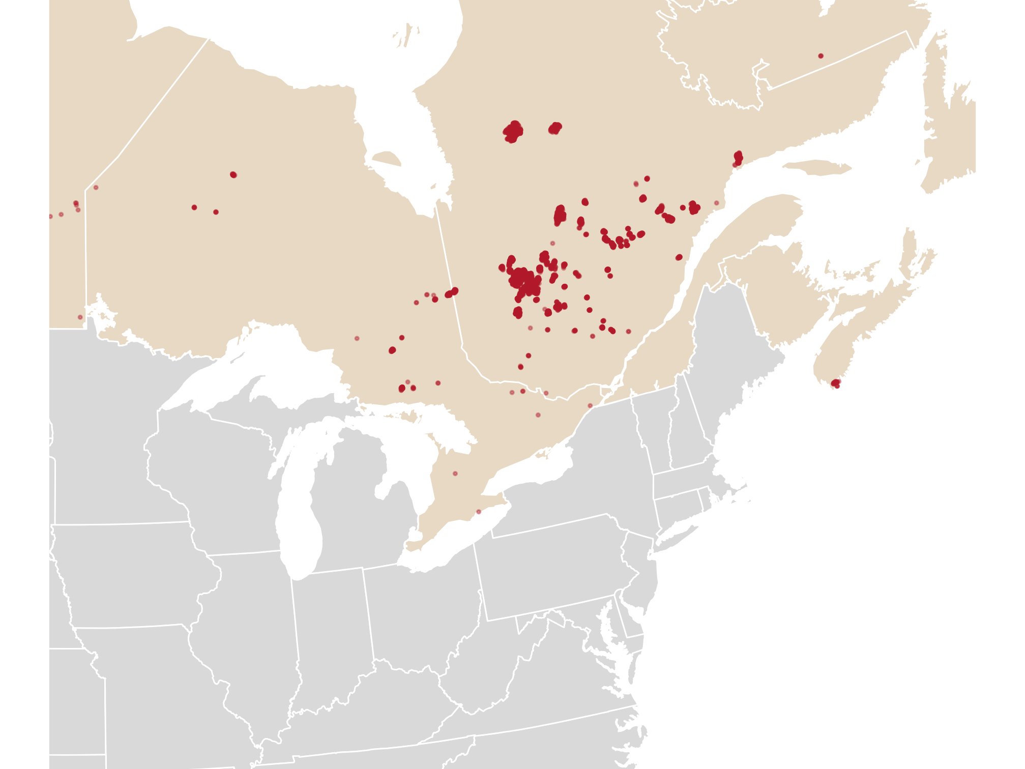 Fire detections from June 1 through 7 cluster in Quebec on a map of eastern Canada and the northeastern United States.