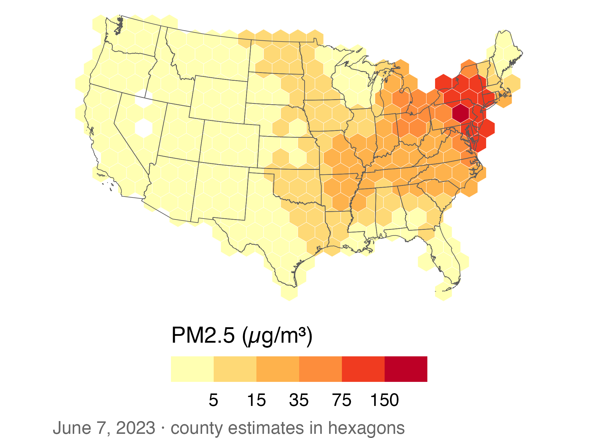 Equal-area hexagons replace county polygons on a June 7 smoke map. The darkest cells cluster in the Northeast, and state outlines remain visible.