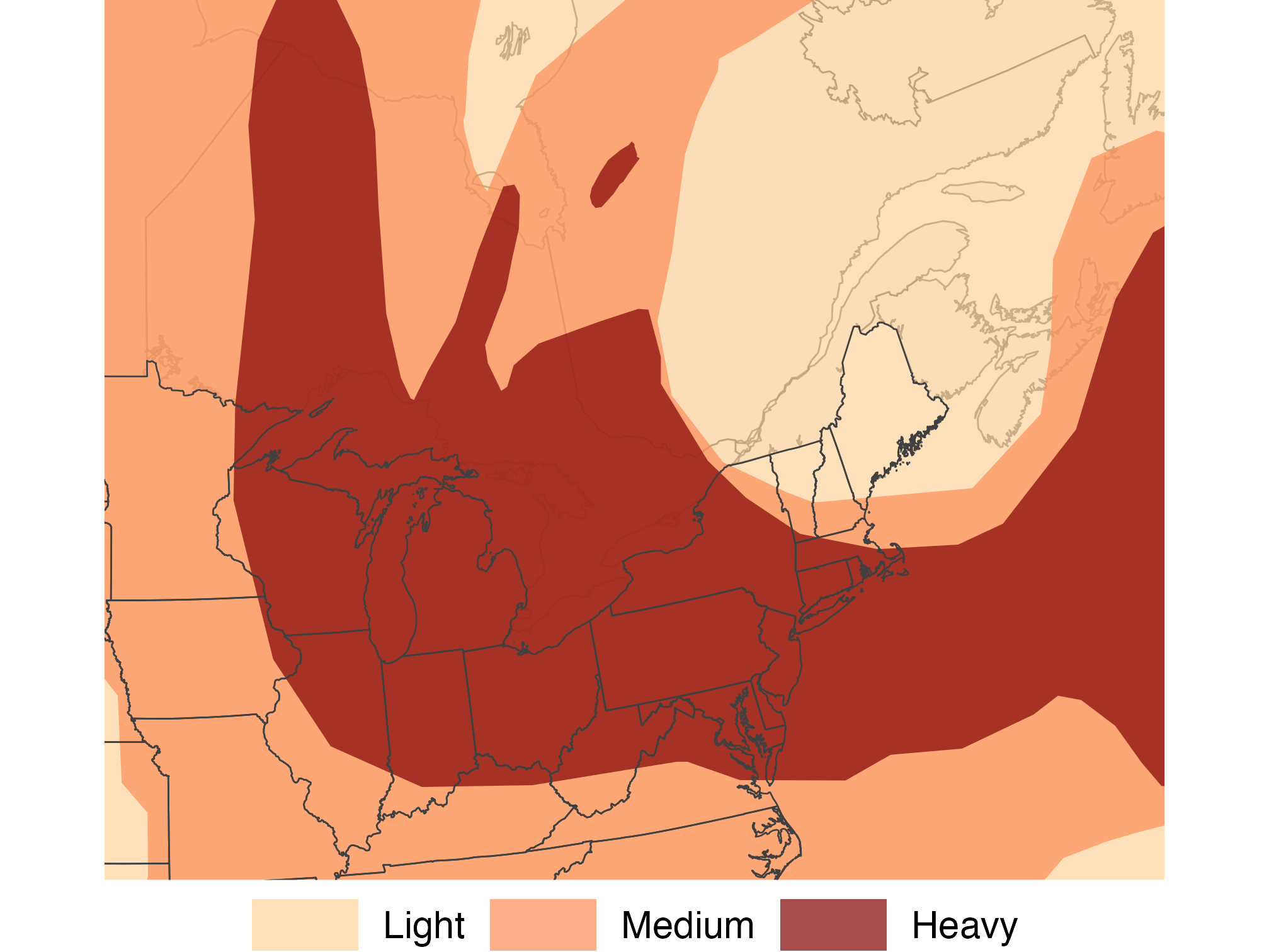 June 7 satellite smoke plume polygons cover much of eastern North America; Heavy plumes span the Great Lakes and Mid-Atlantic.