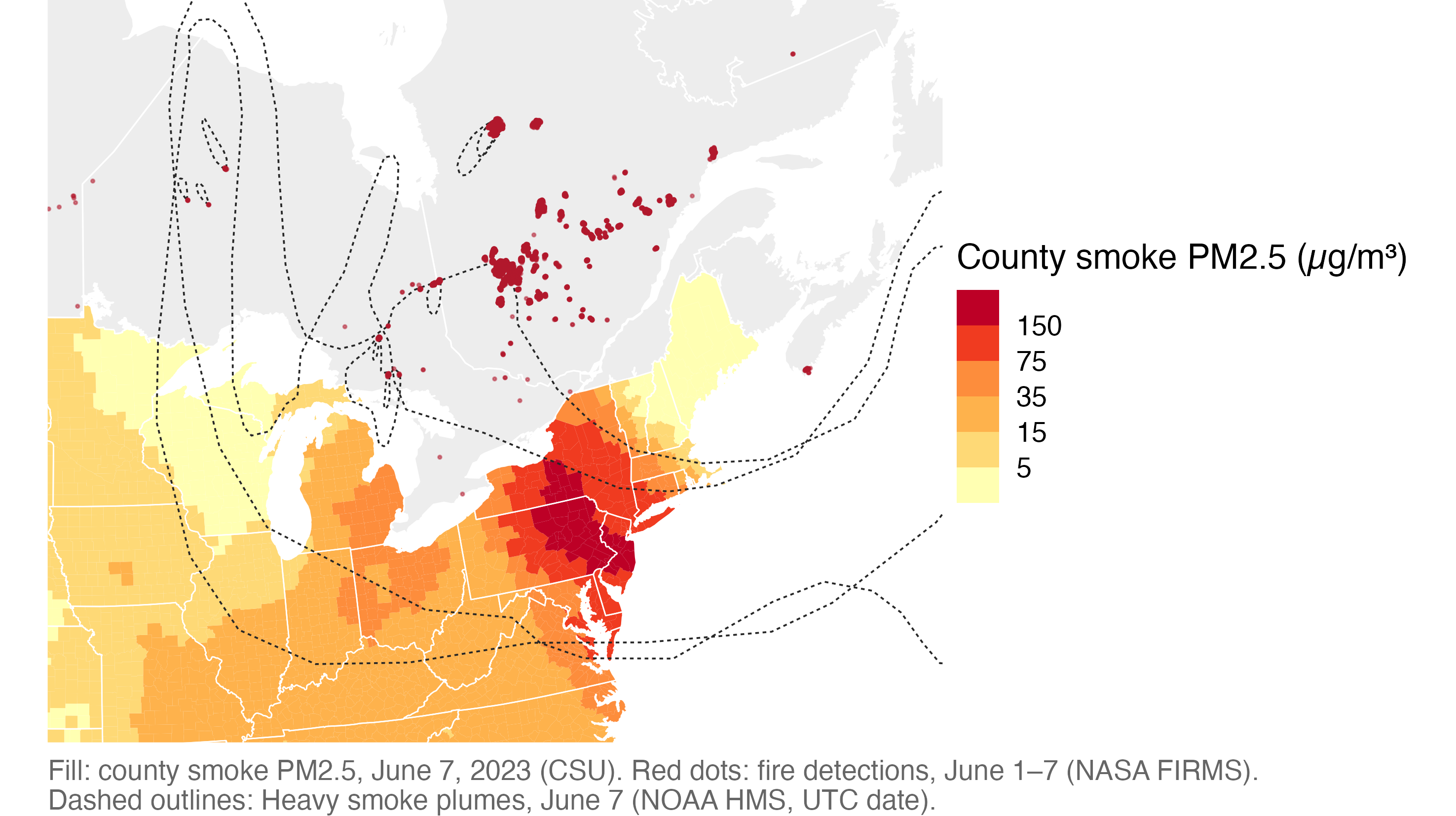 June 7 county smoke is highest around Pennsylvania and New Jersey; fire detections cluster in Quebec, with Heavy plume outlines spanning eastern North America.