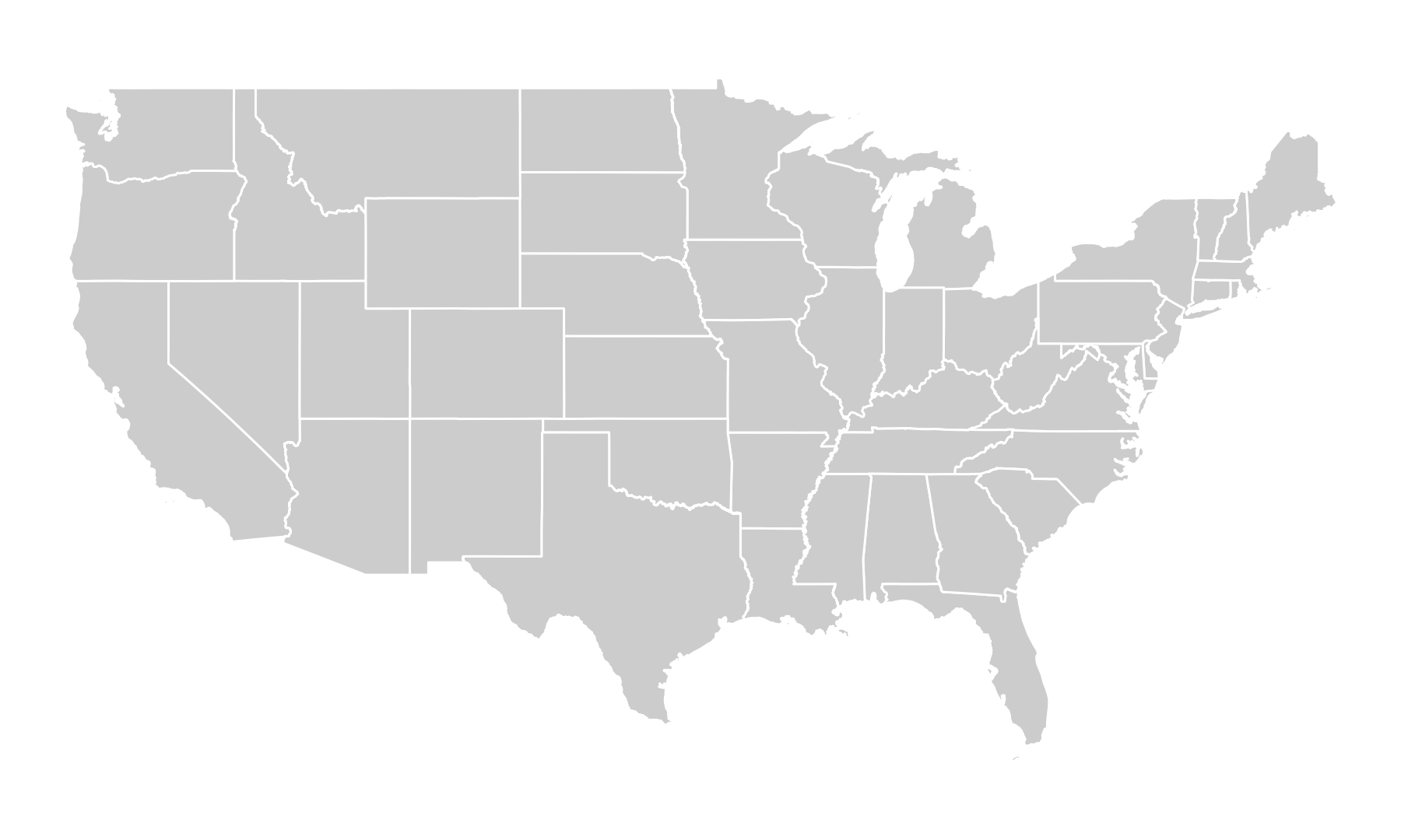 Lower-48 state outlines in longitude and latitude coordinates, giving the country a flatter, wider appearance.