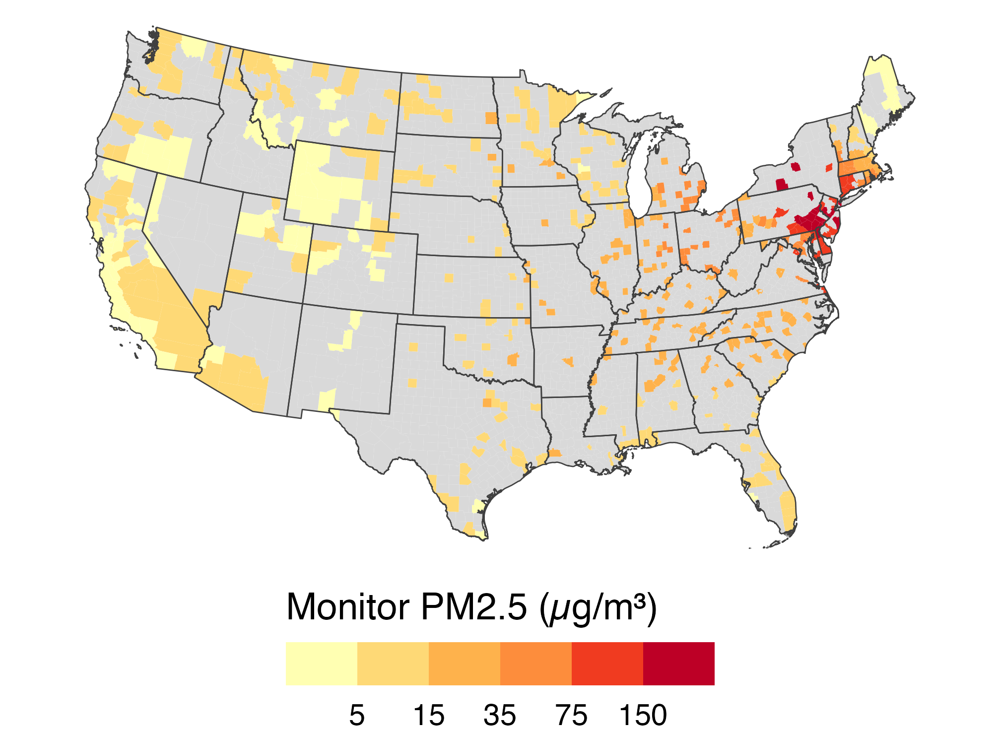 County map of monitor PM2.5 on June 7; many counties are grey because they have no monitor, while high observed values cluster in the Northeast.