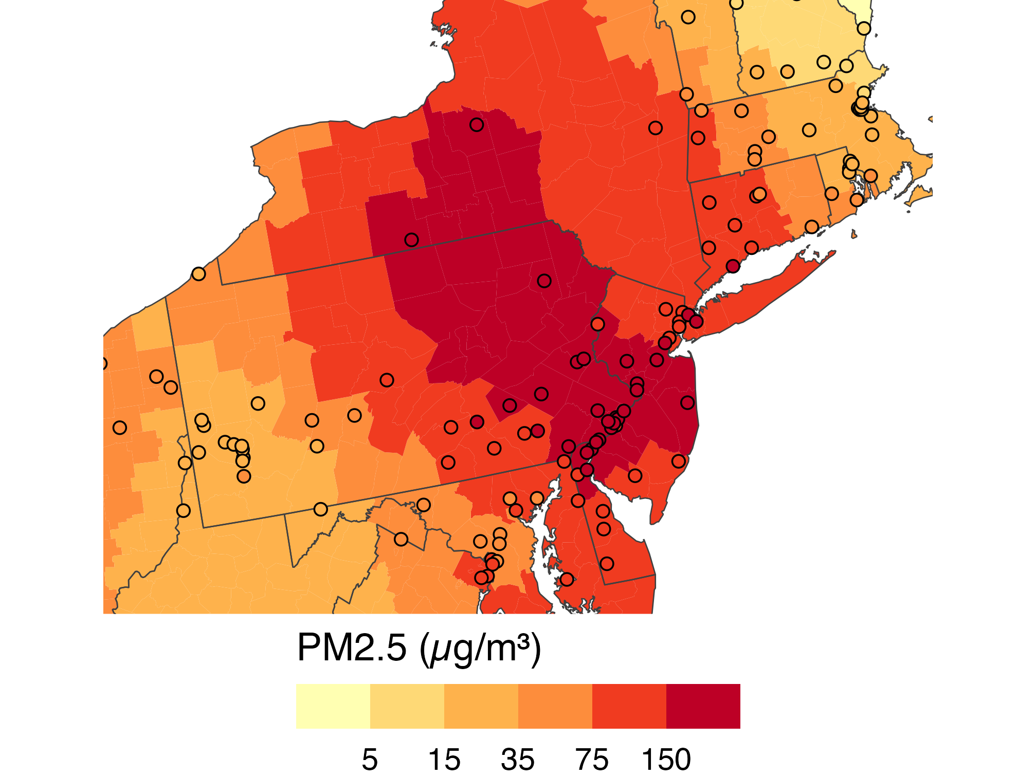 County estimates and air-monitor readings share one total PM2.5 scale around Pennsylvania, New Jersey, and New York; both show high values in the region.