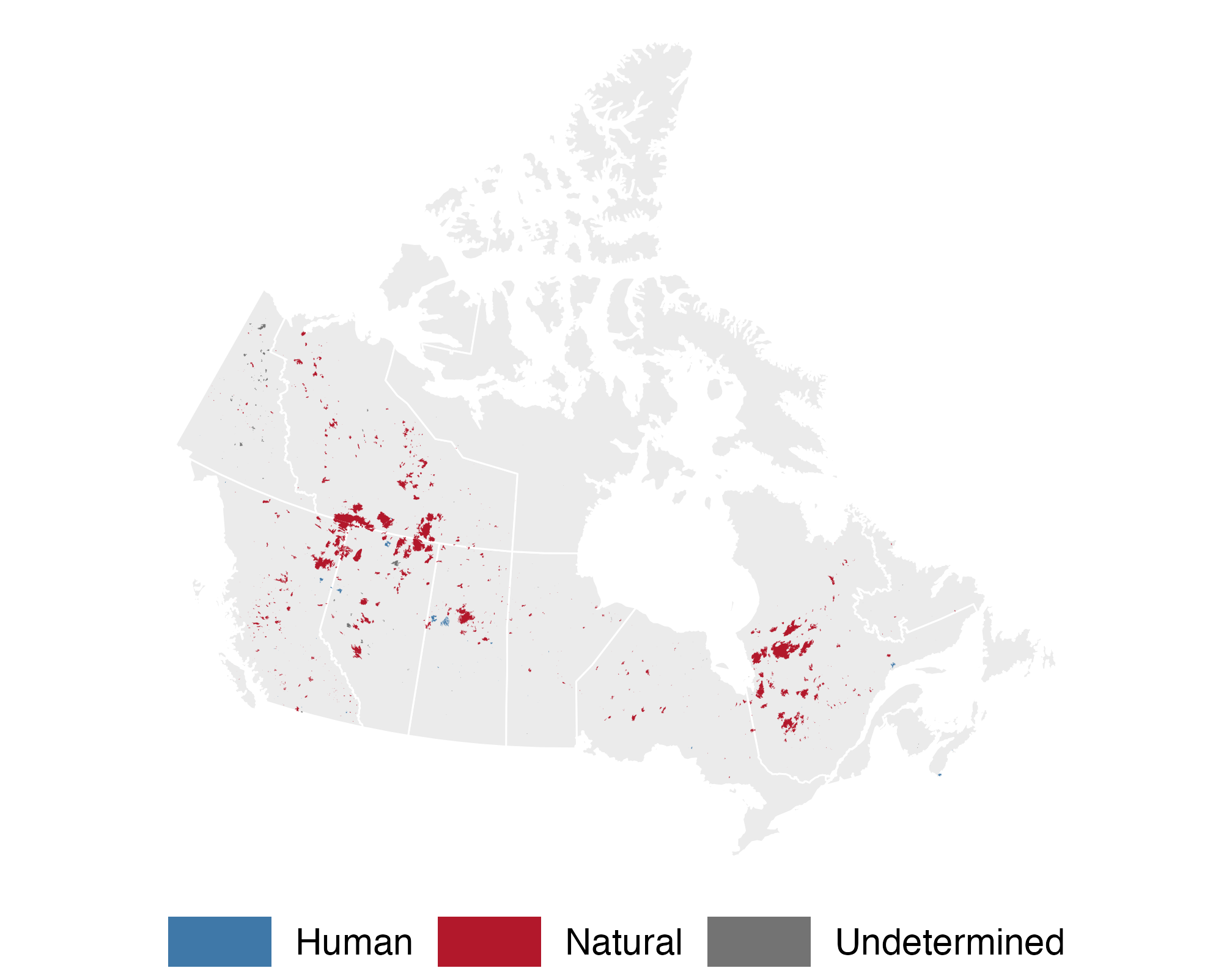 2023 Canadian burned-area perimeters, colored by cause, concentrated in western provinces and Quebec.