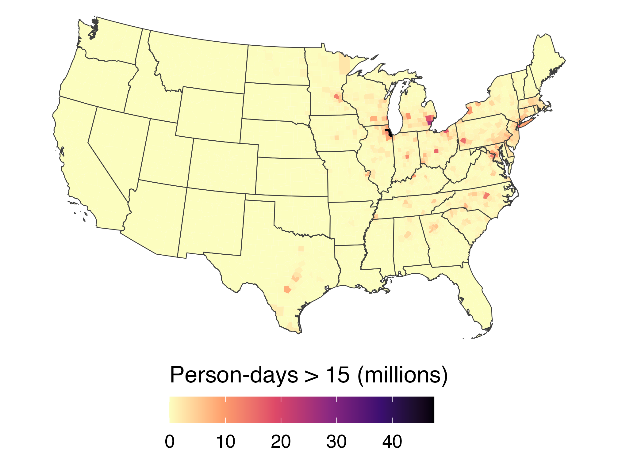 June 2023 person-days above 15 micrograms per cubic meter by county; high totals appear in populous eastern and Midwestern counties.
