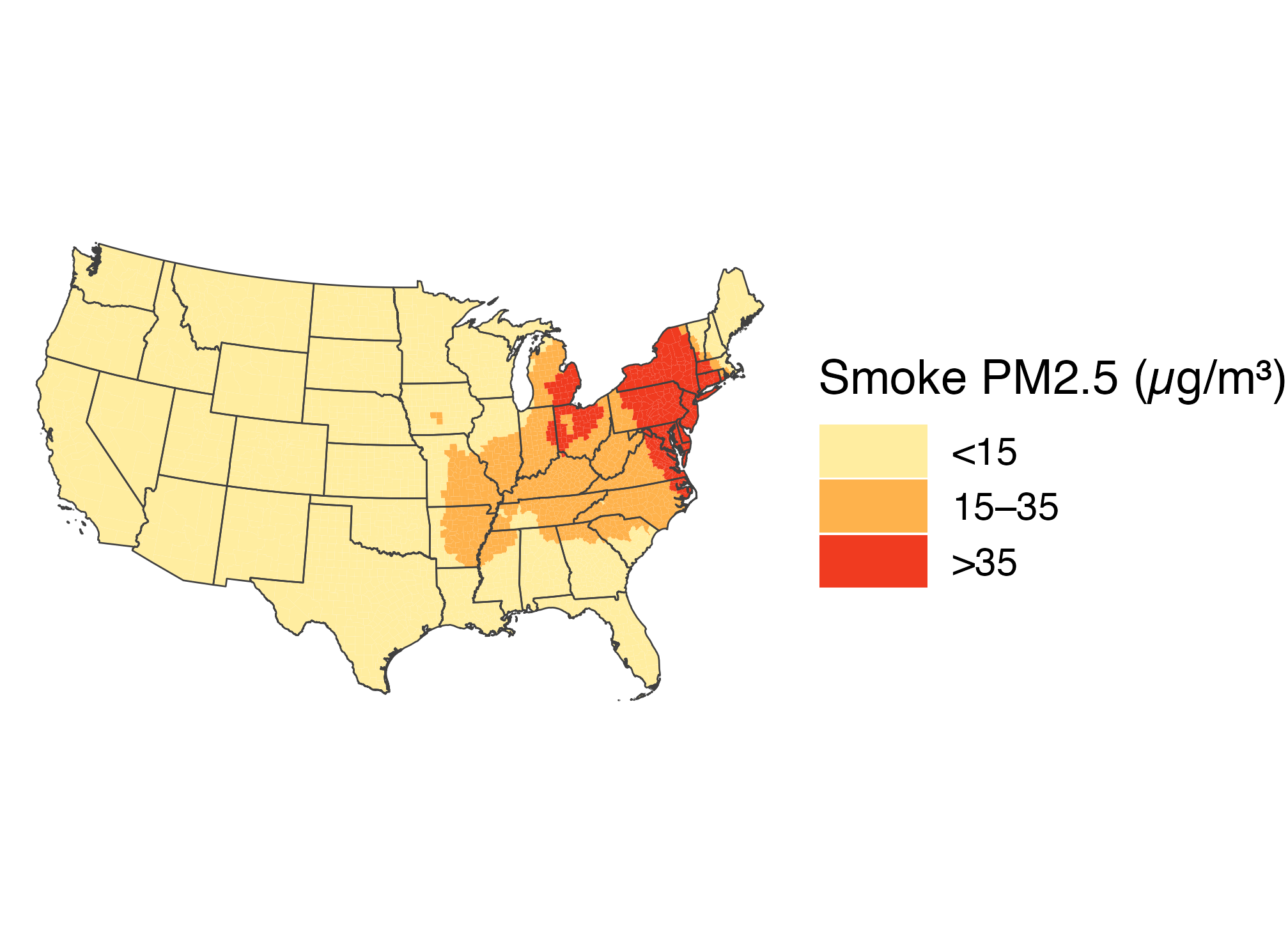 June 7 county smoke grouped into three categories using a yellow-orange-red palette. Dark red high-smoke counties cluster in the Northeast.