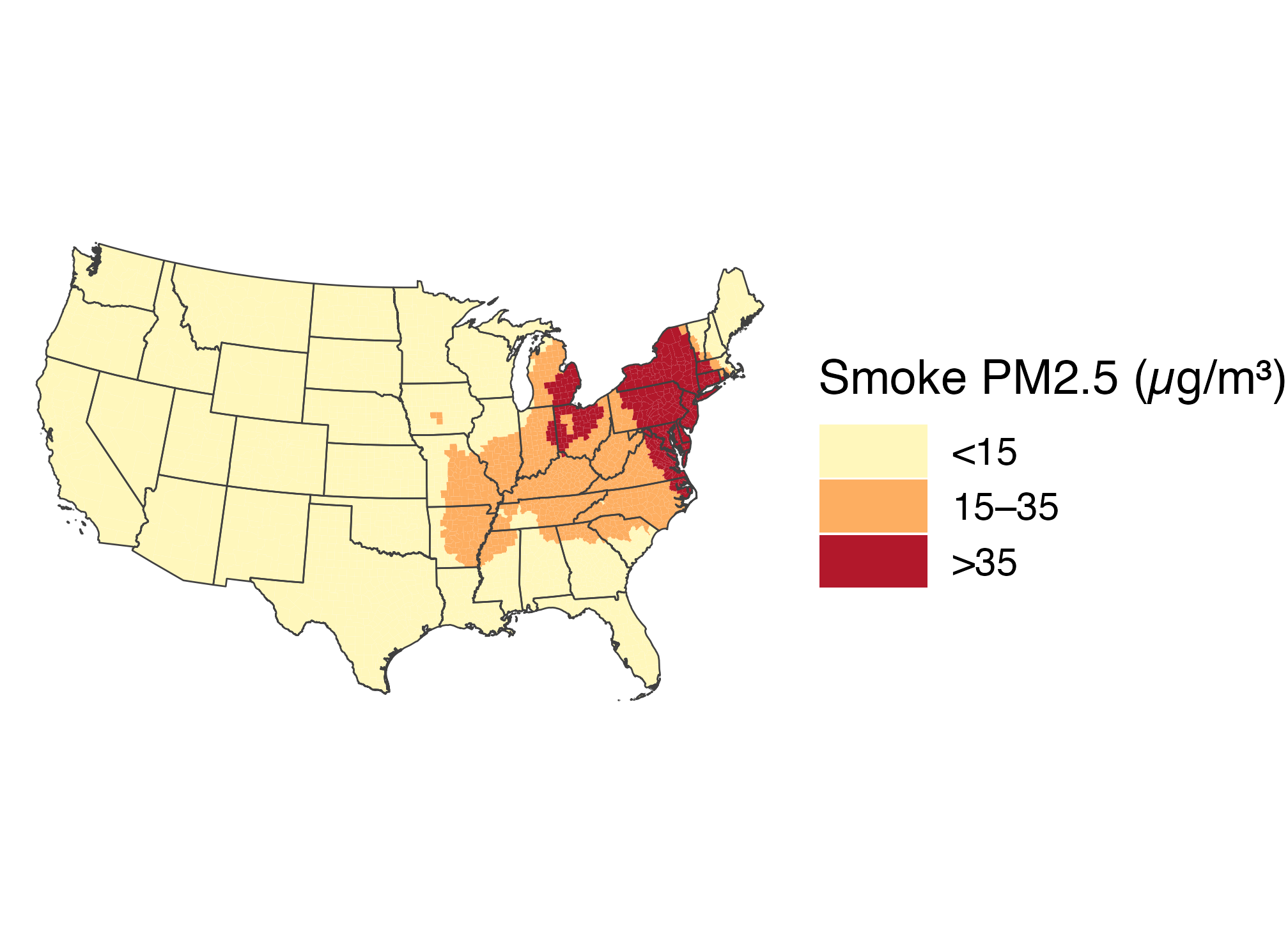 The June 7 three-category smoke map uses pale yellow for under 15, orange for 15 to 35, and dark red for over 35 micrograms per cubic meter.
