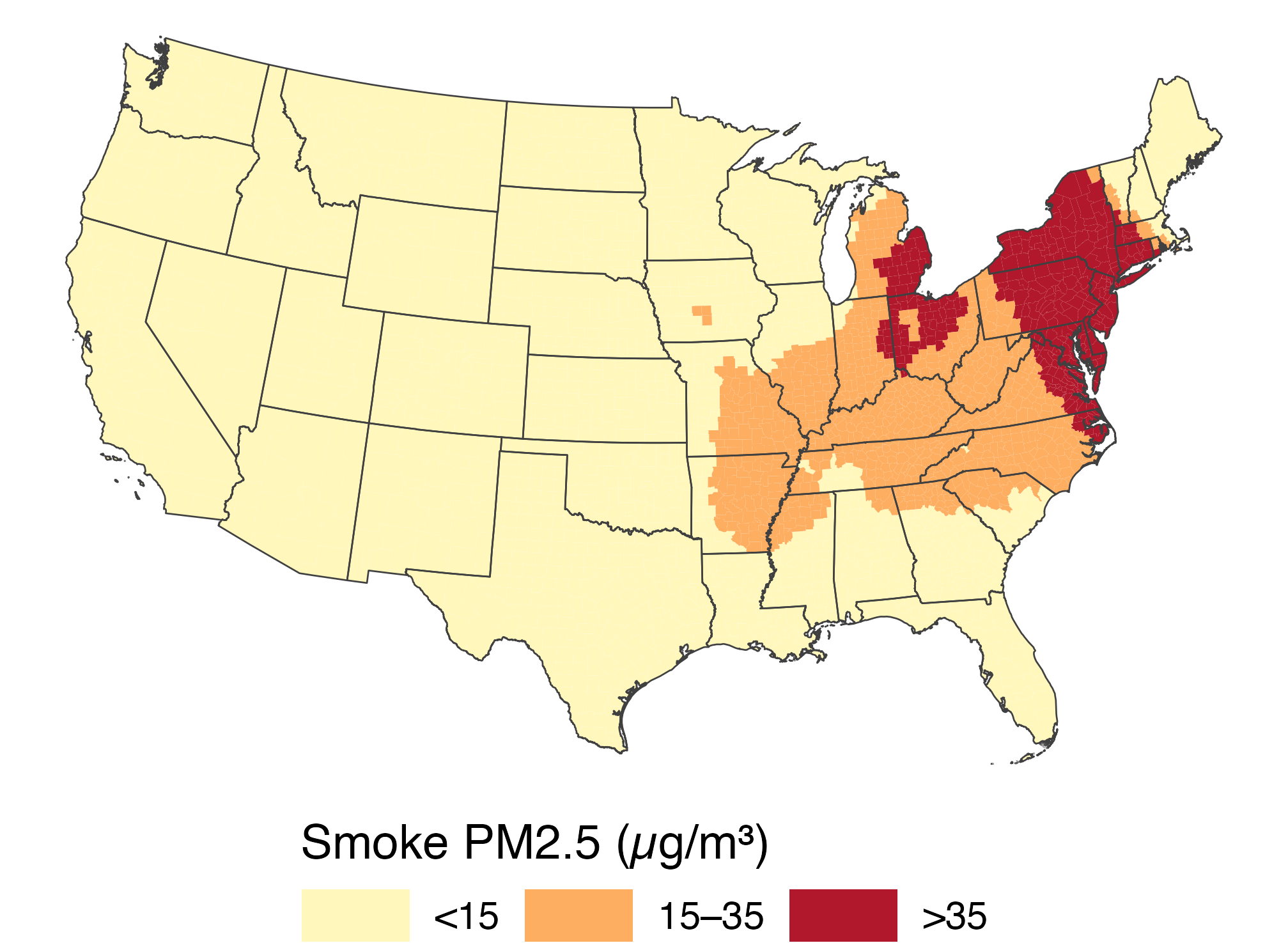 The three-category county smoke map with a single-row legend below the United States.