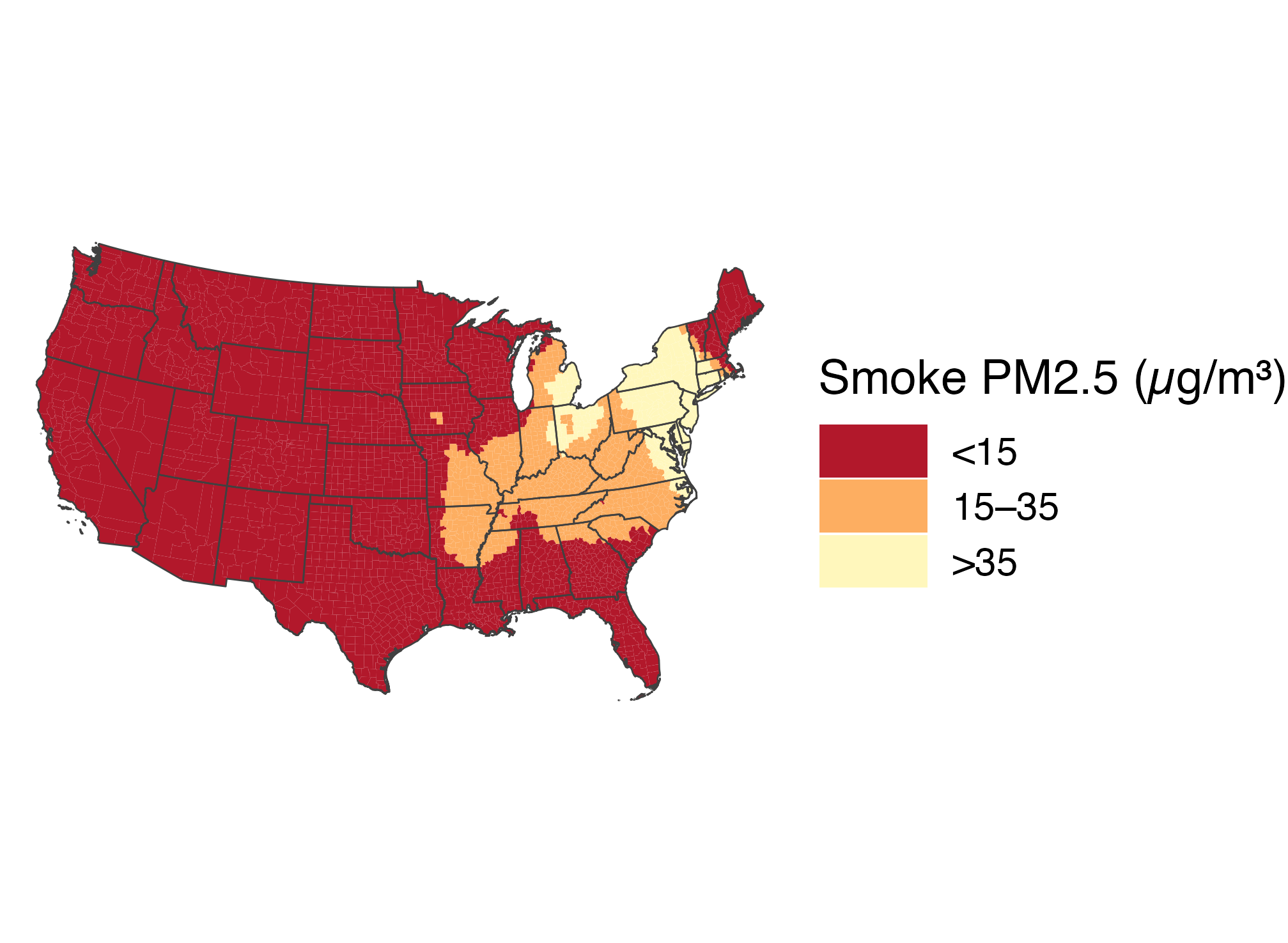The same June 7 county categories with the palette reversed. Low-smoke counties now look dark and high-smoke counties look pale, showing how color order changes emphasis.