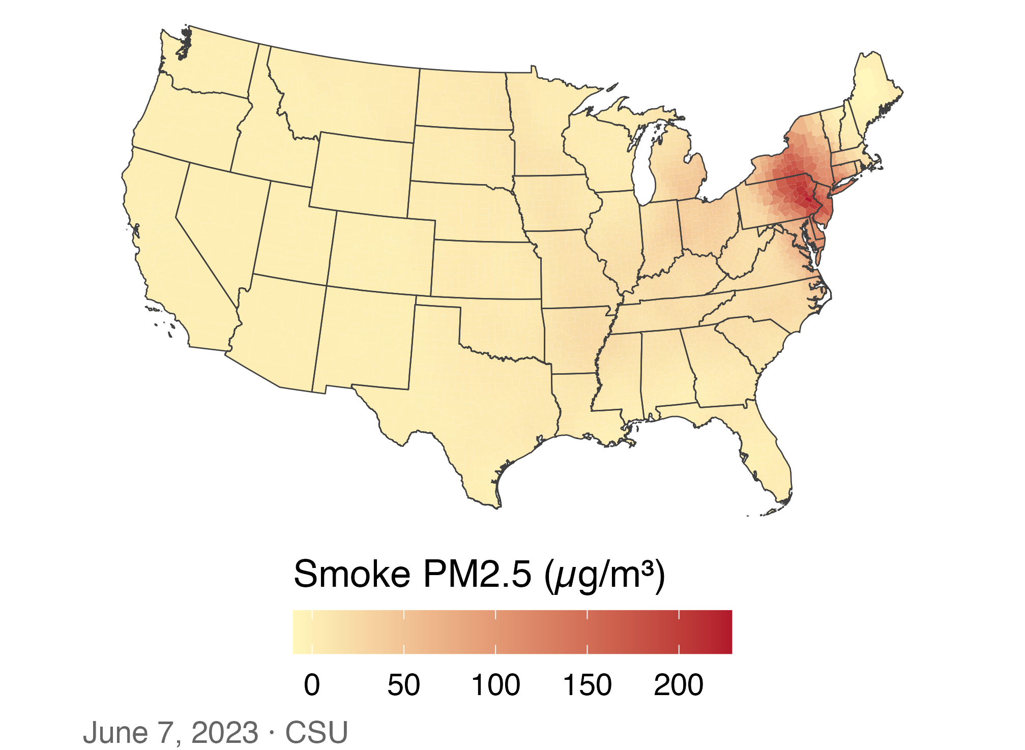 June 7 county smoke on a yellow-to-red continuous gradient. Eastern Pennsylvania and nearby counties are darkest, while most counties are pale.