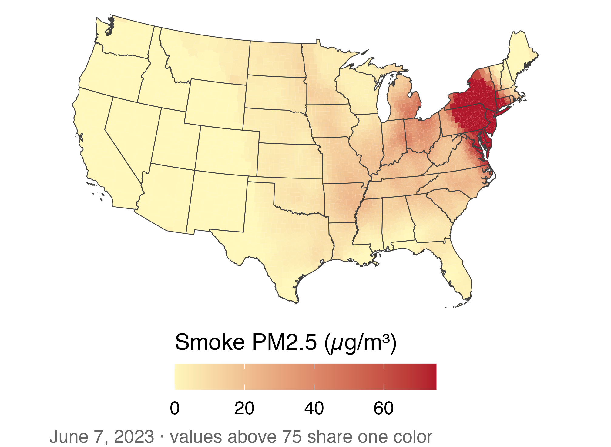 The same June 7 smoke map with the color scale capped at 75 micrograms per cubic meter. More Midwest and eastern variation appears, but all values above 75 share the darkest color.