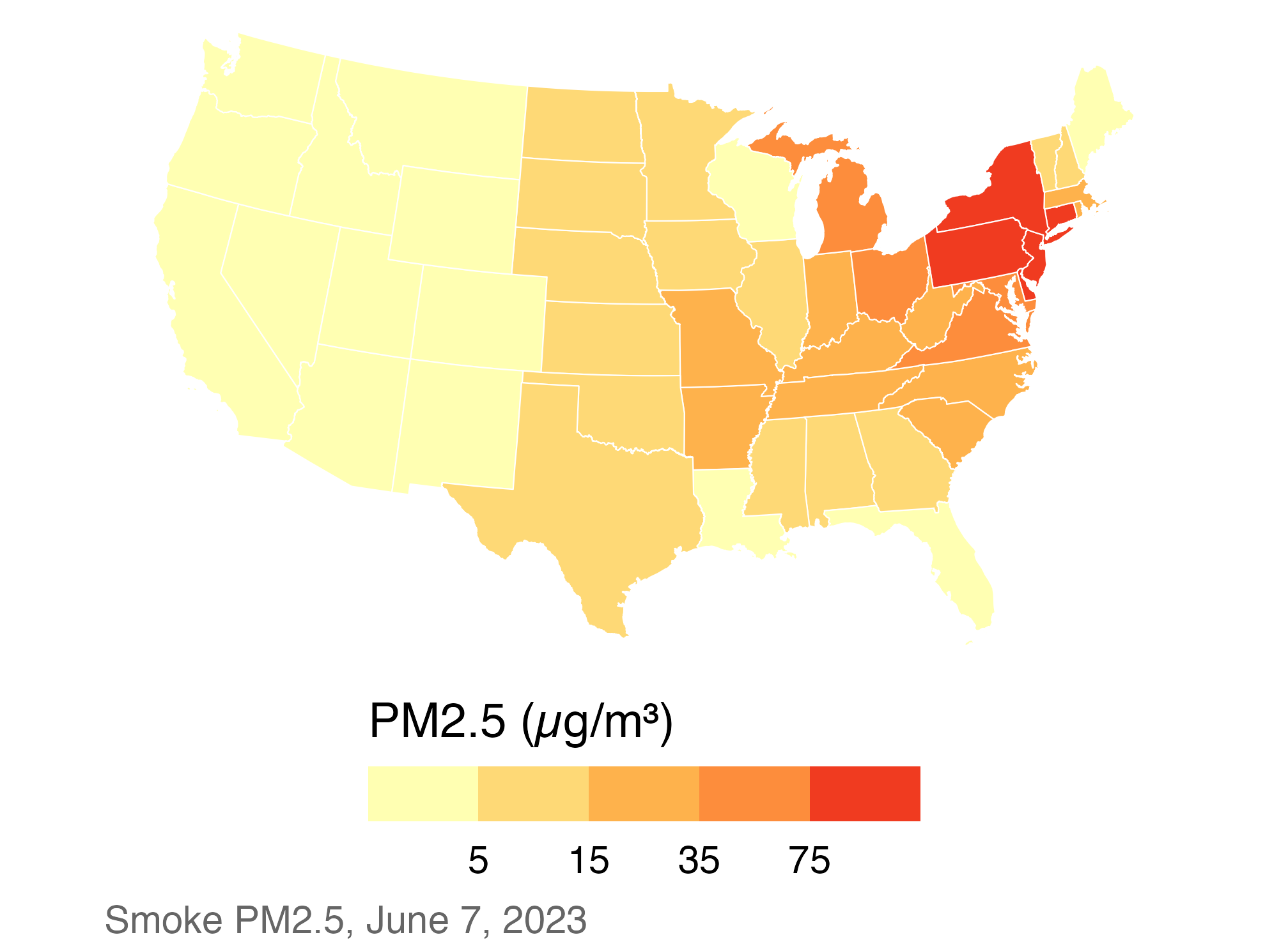 Population-weighted state smoke PM2.5 on June 7; New Jersey, Pennsylvania, Delaware, and New York are highest while western states are low.