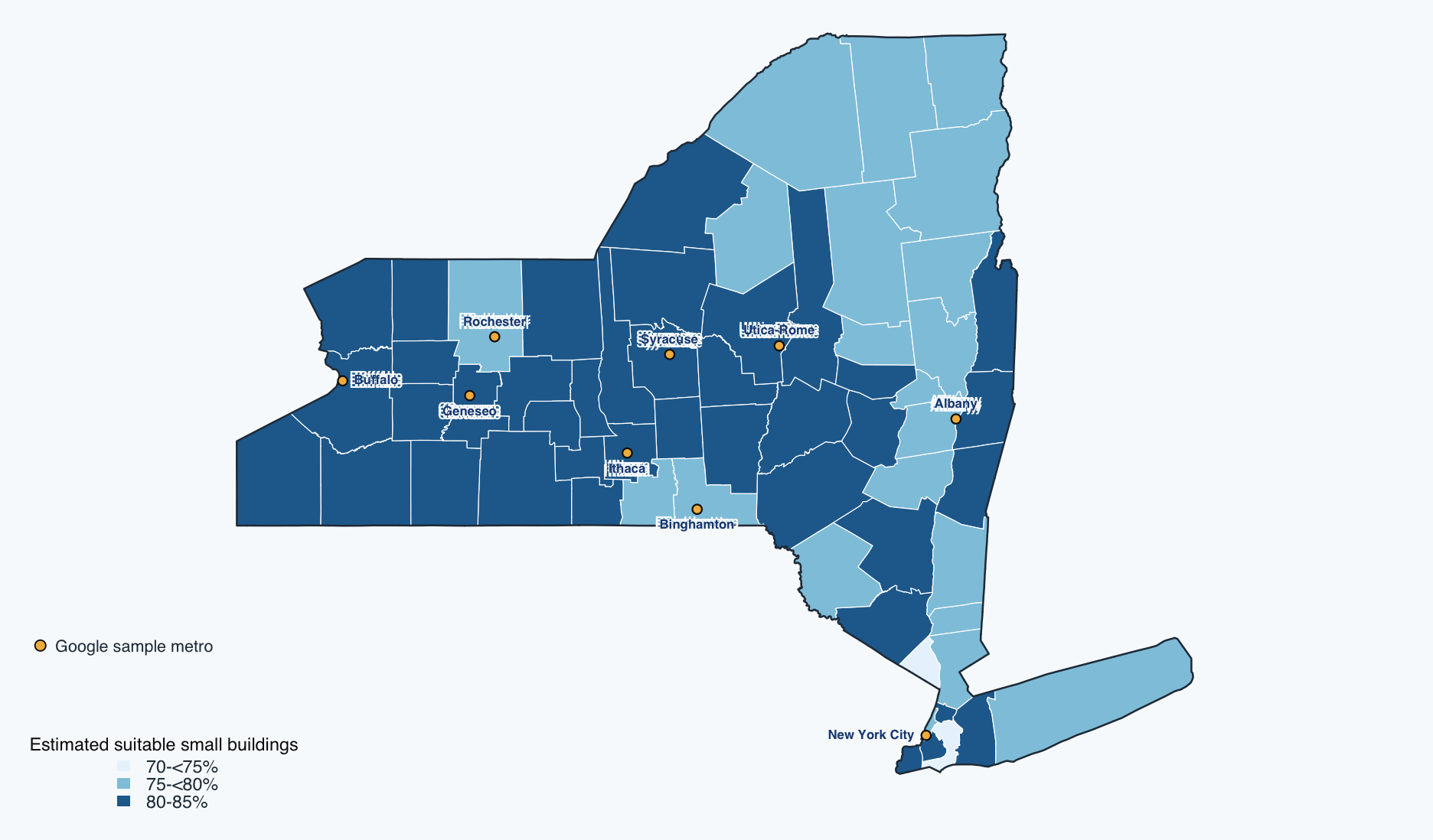 Map of New York counties shaded by the estimated share of small buildings with a PV-suitable roof plane. Gold dots mark the nine Google sample metros.