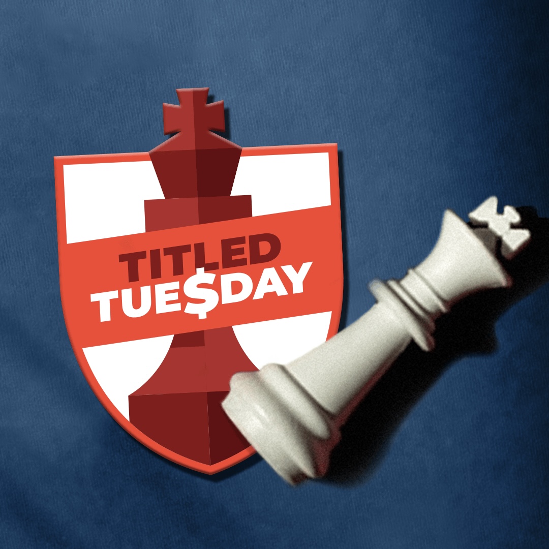 Titled Tuesday chess tournament artwork with a white chess queen in front of a red king emblem.