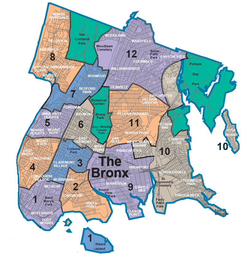 Map of Bronx Community Districts 1 through 12.