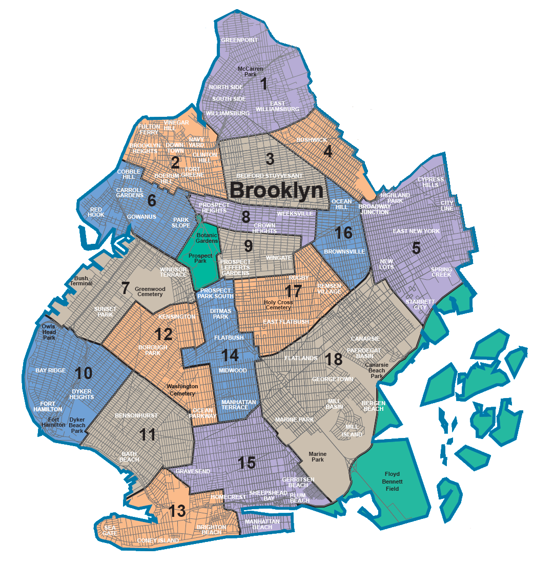 Map of Brooklyn Community Districts 1 through 18.