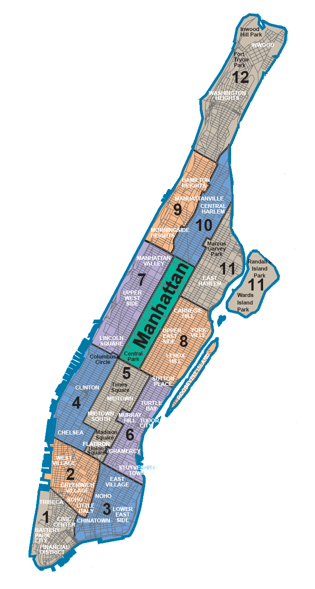 Map of Manhattan Community Districts 1 through 12.