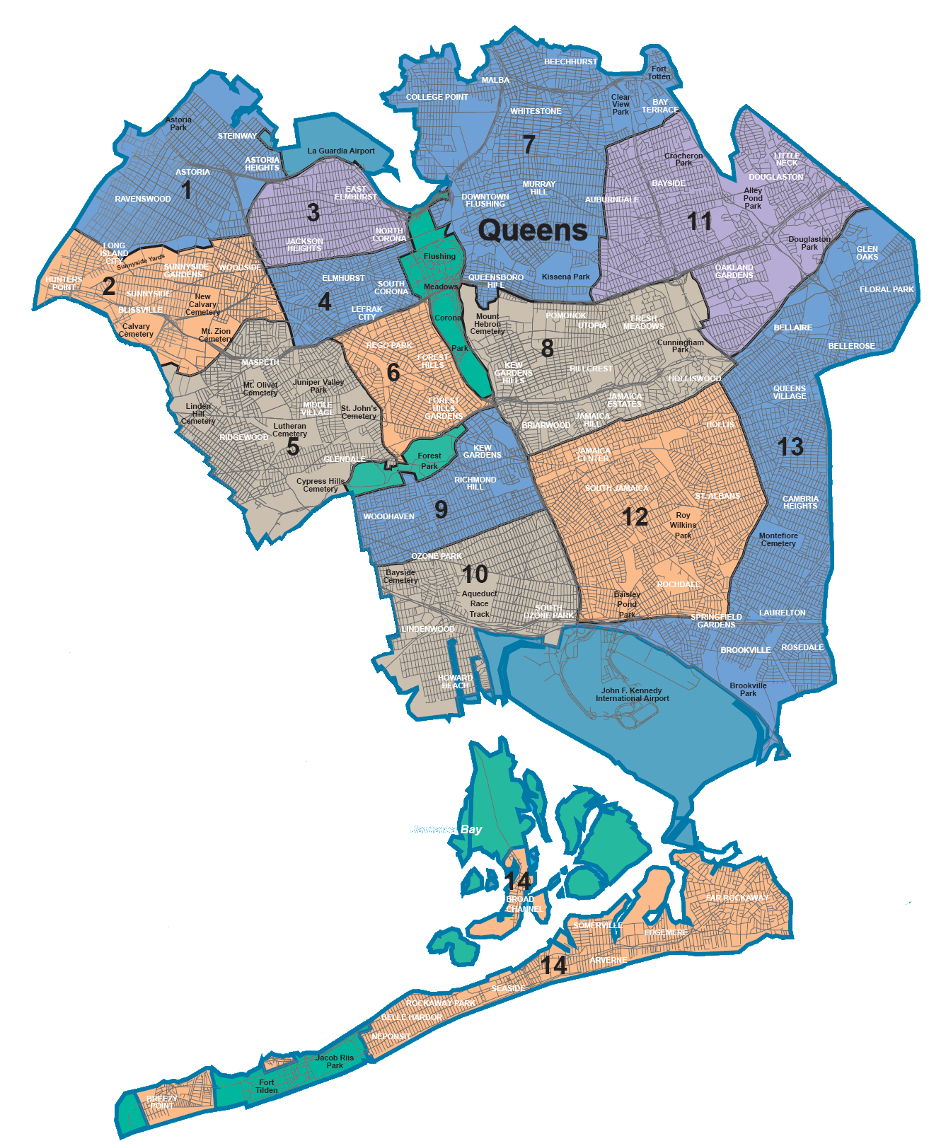 Map of Queens Community Districts 1 through 14.