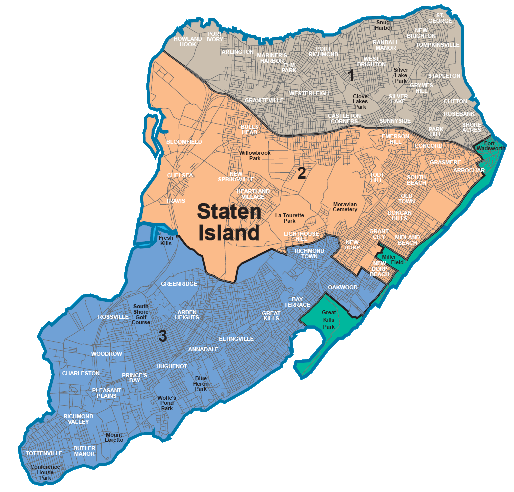 Map of Staten Island Community Districts 1 through 3.